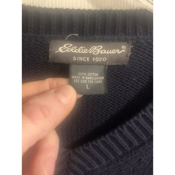 Eddie Bauer Mens L Crew Neck Long Sleeve Knit Sweater Navy 100% Cotton - Picture 6 of 9